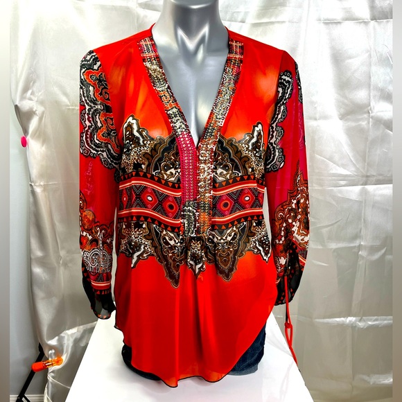 Joseph Ribkoff Vibrant Red Paisley transparent Blouse - Picture 1 of 7